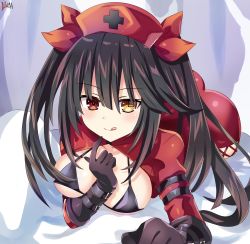 Rule 34 | 1girl, all fours, black bra, black gloves, black hair, blush, bra, commentary request, date a live, dress, finger to mouth, gloves, hair between eyes, hat, heterochromia, highres, lewdkuma, looking at viewer, nurse, nurse cap, orange eyes, red dress, red eyes, red hat, sidelocks, signature, solo, symbol-shaped pupils, tokisaki kurumi, tongue, tongue out, twintails, underwear