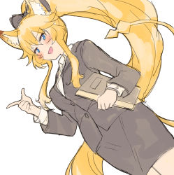 Rule 34 | 1girl, :d, animal ear fluff, animal ears, black bow, black jacket, black skirt, blonde hair, blue eyes, blush, bow, business suit, collared shirt, dutch angle, formal, hair between eyes, hair bow, hand up, high ponytail, highres, holding, index finger raised, jacket, long hair, long sleeves, miniskirt, nyama, open mouth, pencil skirt, ponytail, rararin (show by rock!!), shirt, show by rock!!, simple background, skirt, skirt suit, smile, solo, suit, tail raised, very long hair, white background, white shirt