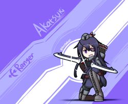 Rule 34 | 10s, 1girl, akatsuki (kancolle), archery, arrow (projectile), boots, bow (weapon), character name, cross-laced footwear, dungeons &amp; dragons, eyepatch, glint, grey hat, grey thighhighs, hat, hat feather, highres, holding, holding bow (weapon), holding weapon, kantai collection, lace-up boots, long hair, on one knee, purple eyes, purple hair, quiver, ranger, raythalosm, thighhighs, very long hair, wavy mouth, weapon