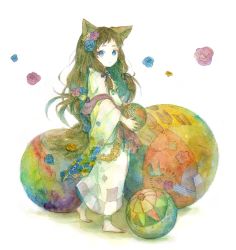 Rule 34 | 1girl, akagi shun, animal ears, bad id, bad pixiv id, ball, barefoot, blue eyes, blue flower, blue rose, brown hair, closed mouth, flower, from side, graphite (medium), hair flower, hair ornament, hair ribbon, holding, holding ball, long hair, long sleeves, looking at viewer, looking to the side, no nose, original, painting (medium), purple flower, purple rose, ribbon, robe, rose, simple background, solo, traditional media, tress ribbon, walking, watercolor (medium), white background, white robe, wide sleeves