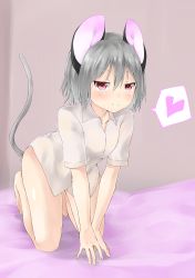 Rule 34 | 1girl, absurdres, all fours, animal ears, blush, bottomless, brown eyes, closed mouth, dress shirt, full body, grey hair, hair between eyes, heart, highres, kneeling, looking at viewer, mouse ears, mouse tail, naked shirt, nazrin (touhou), netamaru, on bed, shirt, short hair, smile, solo, spoken heart, tail, touhou, v arms, white shirt