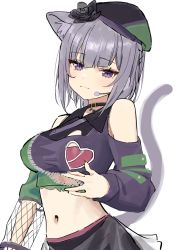 Rule 34 | 1girl, absurdres, animal ears, bare shoulders, black hat, breasts, cabbie hat, cat ears, cat girl, cat tail, closed mouth, clothing cutout, crop top, fishnets, grey hair, hair between eyes, hat, headset, highres, hololive, long sleeves, looking at viewer, medium breasts, midriff, navel, nekomata okayu, nekomata okayu (poisonya syndrome), puffy long sleeves, puffy sleeves, purple eyes, shoulder cutout, simple background, smile, solo, syhan, tail, tail raised, tilted headwear, virtual youtuber, white background