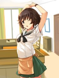 Rule 34 | 10s, 1girl, akiyama yukari, apron, arms up, blouse, blush stickers, bracelet, brown eyes, brown hair, chair, commentary, cowboy shot, girls und panzer, green skirt, icomochi, indoors, jewelry, looking at viewer, messy hair, miniskirt, neckerchief, one eye closed, ooarai school uniform, parted lips, pleated skirt, school uniform, serafuku, shirt, short hair, short sleeves, skirt, solo, standing, stretching, waist apron, white shirt