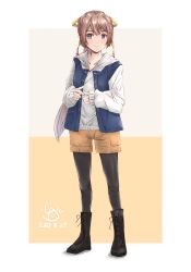 Rule 34 | 1girl, alternate costume, black footwear, black pantyhose, blue eyes, boots, brown hair, closed mouth, dated, denim, denim jacket, hood, hoodie, jacket, kantai collection, kazagumo (kancolle), ld (luna dial398), long hair, looking at viewer, one-hour drawing challenge, orange shorts, pantyhose, shorts, signature, solo, two-tone background
