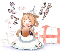 Rule 34 | 1girl, :d, animal ears, black gloves, blush, box, brown hair, chibi, closed eyes, commentary request, dress, eli conifer, facing viewer, floral background, flower, gift, gift box, gloves, hair ribbon, highres, holding, long hair, long sleeves, massager, mini person, minigirl, nijisanji, open mouth, puffy long sleeves, puffy sleeves, red ribbon, ribbon, sleeveless, sleeveless dress, smile, solo, takara akihito, translation request, trembling, twintails, very long hair, virtual youtuber, white background, white dress, white flower