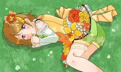 Rule 34 | 1girl, artist name, artist request, back bow, bare legs, bare shoulders, blush, bow, bowtie, breasts, bridal garter, brown hair, center frills, close-up, collared dress, dress, earrings, elbow sleeves, female focus, flower, flower dress, frilled sleeves, frills, grass, green bow, green shorts, hair between eyes, hair flower, hair ornament, hair ribbon, highres, holding, holding flower, jewelry, koizumi hanayo, looking at viewer, love live!, love live! school idol festival, love live! school idol project, on grass, orange dress, orange flower, orange ribbon, outdoors, parted lips, purple eyes, red flower, ribbon, short hair, shorts, shorts under dress, single legwear, smile, solo, upper body, wing collar, yellow bow, yellow flower, yellow ribbon