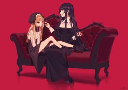 Rule 34 | 2girls, black dress, black footwear, black hair, blonde hair, chocolate, closed eyes, collared dress, couch, cross, cross necklace, dress, feeding, hat, jewelry, multiple girls, nail polish, necklace, open mouth, original, red eyes, red theme, simple background, sitting, yomiya sateko