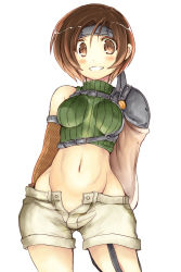 Rule 34 | 1girl, arms behind back, breasts, brown eyes, brown hair, clenched teeth, final fantasy, final fantasy vii, headband, looking at viewer, medium breasts, navel, sakaki (noi-gren), short hair, shorts, simple background, sleeveless, sleeveless turtleneck, smile, solo, stomach, teeth, turtleneck, unbuttoned, open fly, white background, white shorts, yuffie kisaragi