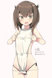 Rule 34 | 10s, 1girl, adjusting clothes, bare shoulders, black panties, blush, brown eyes, brown hair, character name, cowboy shot, dated, fang, flat chest, flying sweatdrops, fujishiro touma, hair between eyes, headgear, kantai collection, looking at viewer, open mouth, panties, pink background, short hair, side-tie panties, solo, taihou (kancolle), tsurime, twitter username, underwear, wavy mouth