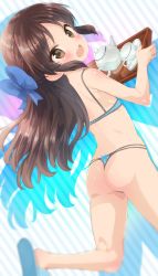 Rule 34 | 1girl, :d, ass, back, bad id, bad twitter id, bare arms, bare legs, bare shoulders, bikini, blue bikini, blue bow, blue footwear, blush, bow, brown eyes, brown hair, commentary request, cup, dutch angle, flat chest, from behind, hair bow, highres, holding, holding tray, idolmaster, idolmaster cinderella girls, leg up, long hair, looking at viewer, looking back, open mouth, parted bangs, running, saeki tatsuya, sidelocks, smile, solo, striped, striped background, swimsuit, tachibana arisu, teacup, teapot, thong bikini, tray