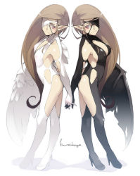 Rule 34 | 2girls, back-to-back, black vs white, breasts, brown hair, covered erect nipples, demon girl, face, fantasy, holding hands, interlocked fingers, kyo (kuroichigo), long hair, medium breasts, multiple girls, pointy ears, red eyes, simple background, single wing, white background, wings