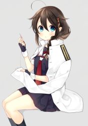 Rule 34 | 10s, 1girl, :o, ahoge, black socks, blue eyes, borrowed clothes, braid, brown hair, fingerless gloves, gloves, grey background, hair between eyes, hair flaps, hair ornament, hair over shoulder, image sample, invisible chair, kantai collection, kneehighs, looking at viewer, military, military uniform, naoto (tulip), neckerchief, needle, parted lips, red neckerchief, sewing, sewing needle, shigure (kancolle), shigure kai ni (kancolle), simple background, single braid, sitting, socks, solo, thigh strap, uniform