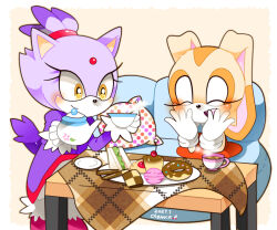 Rule 34 | 2girls, animal ears, blaze the cat, blush, cat ears, cat girl, closed eyes, coffee table, couch, cream the rabbit, cup, doughnut, food, forehead jewel, furry, furry female, gloves, holding, holding cup, holding teapot, jacket, kusunoki cherry, multiple girls, ponytail, purple fur, purple jacket, rabbit ears, rabbit girl, sandwich, smile, sonic (series), table, teacup, teapot, white gloves, yellow eyes