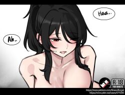 Rule 34 | 1girl, absurdres, armpit crease, bandit-chan (k0ng), bare shoulders, black hair, breasts, cleavage, hair over one eye, heavy breathing, highres, implied nudity, k0ng, large breasts, long hair, original, ponytail, red eyes, saliva, sidelocks, solo, speech bubble