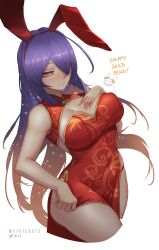 Rule 34 | 1girl, 2023, absurdres, animal ears, breasts, cleavage, closed mouth, cropped legs, dress, gold trim, gradient hair, hair over one eye, hairband, hand on own chest, happy new year, highres, hololive, hololive indonesia, large breasts, moona hoshinova, multicolored hair, myth1carts, new year, pekomon (usada pekora), orange eyes, orange hair, panty straps, pelvic curtain, purple hair, rabbit ears, red dress, red hairband, short dress, side slit, simple background, smile, solo, starry hair, tan, thighs, twitter logo, two-tone hair, virtual youtuber, white background
