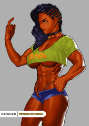 Rule 34 | 1girl, black choker, black hair, blue shorts, breasts, cessa, choker, clothes writing, commentary, cornrows, cowboy shot, dark-skinned female, dark skin, english commentary, green shirt, grey background, hand on own hip, hand up, index finger raised, laura matsuda, long hair, parted lips, profile, shirt, short shorts, short sleeves, shorts, simple background, solo, street fighter, street fighter v, underboob, watermark, web address