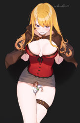 Rule 34 | 1girl, between legs, blonde hair, blue eyes, blush, breasts, brown cape, brown hair, cape, choker, cleavage, copyright request, dark background, from above, giant, giantess, highres, koyo akio, large breasts, long hair, pencil skirt, red shirt, shirt, short hair, sitting, skirt, smile, thigh strap, white shirt