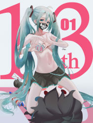Rule 34 | 1girl, absurdres, ahoge, aqua eyes, aqua hair, bare arms, bare shoulders, black skirt, bra, breasts, chinese commentary, commentary request, grey background, hair between eyes, hatsune miku, heart-shaped boob challenge, highres, kneeling, long hair, looking at viewer, mask, miniskirt, mouth mask, navel, omone hokoma agm, pleated skirt, sidelocks, skirt, small breasts, solo, stomach, thighs, twintails, underwear, very long hair, vocaloid