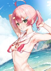 Rule 34 | 1girl, ahoge, alternate breast size, armpits, arms behind head, bandaid, bandaid hair ornament, bare shoulders, beach, bikini, blush, breasts, cat hair ornament, cloud, covered erect nipples, day, detached collar, dongchuan, green eyes, grin, hair between eyes, hair ornament, highres, hololive, looking at viewer, medium breasts, medium hair, navel, nipple slip, nipples, ocean, official alternate costume, outdoors, pink bikini, pink hair, sailor collar, sakura miko, sakura miko (school uniform), school uniform, sideless outfit, sky, small breasts, smile, stomach, swimsuit, twintails, untied bikini, virtual youtuber, white sailor collar