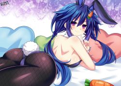 Rule 34 | 1girl, absurdres, alternate costume, animal ears, ankokuboshi kurome, arm support, ass, backboob, backless outfit, bare shoulders, blue eyes, blue hair, blush, braid, breasts, carrot, carrot hair ornament, cowboy shot, detached collar, elbow rest, finger to mouth, fishnet pantyhose, fishnets, food-themed hair ornament, from behind, from side, hair between eyes, hair ornament, hairclip, hairpin, hands up, heart, heart-shaped pillow, highres, leotard, lewdkuma, long hair, looking at viewer, looking back, lying, medium breasts, neptune (series), on stomach, pantyhose, pillow, playboy bunny, purple eyes, rabbit ears, rabbit tail, shin jigen game neptune vii, smile, solo, tail, thighs, twin braids, twintails, very long hair, wrist cuffs