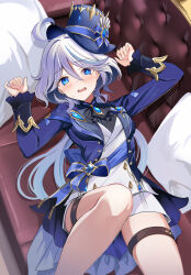 Rule 34 | 1girl, ascot, blue eyes, blue hair, blue hat, blue jacket, blush, breasts, brooch, couch, cowlick, furina (genshin impact), genshin impact, gloves, harimoji, hat, highres, jacket, jewelry, light blue hair, long hair, long sleeves, looking at viewer, lying, multicolored hair, on back, open clothes, open jacket, sash, shirt, short shorts, shorts, small breasts, solo, streaked hair, swept bangs, thigh strap, thighs, top hat, white hair, white shirt, white shorts