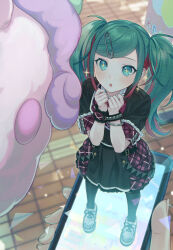 Rule 34 | + +, 1girl, :o, absurdres, belt, blue hair, blush, brick floor, cotton candy, frilled sleeves, frilled wristband, frills, from above, hair ornament, hairclip, hatsune miku, highres, holding, holding phone, hologram, kamikou festival! (project sekai), leo/need (project sekai), leo/need miku, long hair, looking up, mini person, minigirl, multicolored hair, open mouth, pantyhose, parted bangs, phone, pink hair, plaid, plaid skirt, plaid wrist cuffs, project sekai, safety pin, shoes, short sleeves, single wrist cuff, skirt, sneakers, solo focus, sparkle, sparkling eyes, studded bracelet, twintails, two-tone hair, vocaloid, vs0mr, wrist cuffs