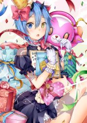 Rule 34 | 10s, 1girl, 2016, :o, bag, blue eyes, blue hair, blush, bow, box, bracelet, character name, choker, clothing cutout, confetti, dated, dress, frilled dress, frills, gift, gift box, gloves, green ribbon, hair between eyes, hair bow, heart, heterochromia, highres, holding, holding gift, horns, io (pso2), jewelry, looking at viewer, matching hair/eyes, open mouth, phantasy star, phantasy star online 2, pink bow, pink ribbon, polka dot, polka dot ribbon, puffy short sleeves, puffy sleeves, ribbon, short hair, short sleeves, shoulder cutout, solo, sparkle, star (symbol), striped ribbon, stuffed animal, stuffed toy, tattoo, white gloves, wrist ribbon, yellow eyes, yoshida iyo