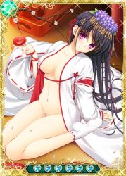 Rule 34 | 10s, 1girl, black hair, bottomless, breasts, card (medium), cherry blossoms, cleavage, collarbone, female focus, flower, grisaia (series), grisaia no kajitsu, hair ornament, large breasts, long hair, looking at viewer, navel, open clothes, purple eyes, sakaki yumiko, sitting, socks, solo, white socks
