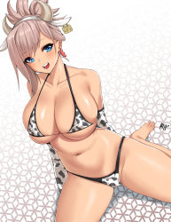 Rule 34 | 1girl, alternate costume, animal costume, animal ears, animal print, bare legs, bare shoulders, barefoot, bikini, blue eyes, blush, breasts, chinese zodiac, cleavage, commentary request, cow costume, cow ears, cow girl, cow horns, cow print, ear tag, earrings, elbow gloves, fake horns, fate/grand order, fate (series), gloves, groin, halterneck, highleg, highleg bikini, highleg swimsuit, highres, horns, huge breasts, jewelry, kisaragi tsurugi, looking at viewer, micro bikini, miyamoto musashi (fate), navel, open mouth, pink hair, ponytail, simple background, sitting, skindentation, smile, solo, stomach, string bikini, sweatdrop, swimsuit, year of the ox