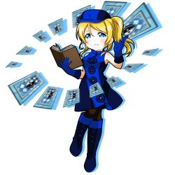Rule 34 | 1girl, alternate costume, artist name, artist request, ayase eli, bare shoulders, black pantyhose, blonde hair, blue dress, blue eyes, blue footwear, blue gloves, blue hat, blue skirt, blush, book, boots, breasts, buttons, card, cosplay, crossover, dress, elizabeth (persona), elizabeth (persona) (cosplay), female focus, floating, floating object, full body, gloves, hair between eyes, hat, high ponytail, highres, holding, holding book, knee boots, lips, long hair, looking at viewer, love live!, love live! school idol project, miniskirt, pantyhose, parted lips, persona, persona 3, plaid, plaid dress, plaid skirt, pleated, pleated dress, pleated skirt, ponytail, short hair, sideboob, skirt, sleeveless, sleeveless dress, smile, solo, white background