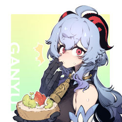 Rule 34 | 1girl, ^^^, ahoge, black gloves, blue hair, blush, border, cake, commentary, cowbell, elbow gloves, food, ganyu (genshin impact), genshin impact, gloves, gradient background, gradient hair, green background, highres, holding, holding cake, holding food, horns, licking, licking finger, looking at viewer, multicolored hair, purple hair, red eyes, solo, ssambatea, sweat, upper body, white border
