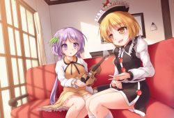 Rule 34 | 2girls, blonde hair, brown dress, couch, dress, flower, hair flower, hair ornament, hat, highres, indoors, instrument, juliet sleeves, long hair, long sleeves, low twintails, lunasa prismriver, lzh, multiple girls, open mouth, puffy sleeves, purple eyes, purple hair, shirt, short hair, sitting, skirt, skirt set, smile, thighs, touhou, tsukumo benben, twintails, very long hair, vest, violin, yellow eyes