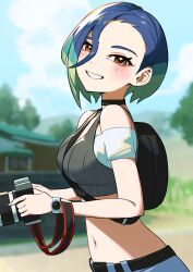 Rule 34 | 1girl, absurdres, backpack, bag, belt, black bag, black belt, blue hair, blurry, blurry background, blush, brown eyes, camera, commentary request, creatures (company), day, eyelashes, from side, game freak, grin, hair between eyes, highres, holding, holding camera, looking to the side, multicolored hair, navel, nemoto yuuma, nintendo, off-shoulder shirt, off shoulder, outdoors, pants, perrin (pokemon), pokemon, pokemon sv, shirt, sky, sleeveless, smile, solo, teeth, vest