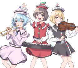 Rule 34 | 3girls, :d, black headwear, black shirt, black skirt, blonde hair, brown hair, closed mouth, commentary request, frilled hat, frills, hat, highres, instrument, light blush, long sleeves, looking at viewer, lunasa prismriver, lyrica prismriver, merlin prismriver, multiple girls, open mouth, pink headwear, pink shirt, pink skirt, red headwear, red shirt, red skirt, shirt, short hair, siblings, simple background, sisters, skirt, smile, touhou, trumpet, violin, white background, yellow eyes, yozakura223
