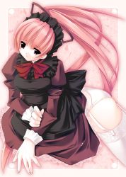 Rule 34 | 1girl, ass, black eyes, bow, bowtie, breasts, clothes lift, female focus, frills, garter belt, highres, jian, lingerie, long hair, maid, maid headdress, panties, pink hair, ponytail, ribbon, skirt, skirt lift, solo, thighhighs, underwear, white panties, white thighhighs