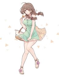 Rule 34 | 1girl, ahoge, alternate costume, bag, braid, breasts, brown eyes, brown hair, commentary request, dress, food, green dress, kantai collection, large breasts, long hair, looking at viewer, toeless footwear, popsicle, shakemi (sake mgmgmg), shinshuu maru (kancolle), simple background, sleeveless, sleeveless dress, solo, sundress, twin braids, white background