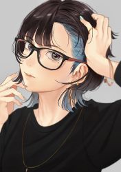 Rule 34 | 1girl, absurdres, bad id, bad pixiv id, black-framed eyewear, black shirt, bracelet, brown eyes, brown hair, earrings, glasses, grey background, hand in own hair, hand up, highres, jewelry, long sleeves, looking at viewer, mole, mole under eye, multicolored hair, nail polish, original, parted lips, ring, saitou (lynx-shrike), shirt, simple background, solo, two-tone hair