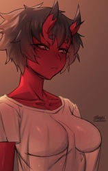 Rule 34 | 1girl, black hair, blush, breasts, closed mouth, colored skin, from side, grey background, horns, kidouko (zakusi), large breasts, oni, oni horns, original, red oni, red skin, shirt, shirt overhang, short hair, short sleeves, signature, simple background, slit pupils, smile, solo, white shirt, yellow eyes, zakusi