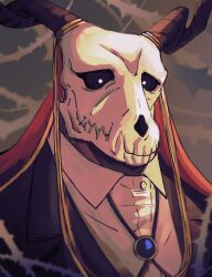 Rule 34 | 1other, absurdres, black sclera, bolo tie, colored sclera, elias ainsworth, formal, highres, horns, kayukawatanuki, looking at viewer, mahou tsukai no yome, portrait, red headwear, skull, solo, suit, thorns