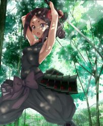 Rule 34 | 1girl, armpits, arms up, black hair, black pants, blue eyes, blush, bow, breasts, commentary request, covered erect nipples, dappled sunlight, flower, forest, hair flower, hair ornament, halterneck, highres, holding, holding sword, holding weapon, inoumu, jpeg artifacts, katana, legs apart, nature, open mouth, outdoors, pants, parted bangs, princess principal, puffy pants, purple bow, ribs, small breasts, solo, standing, sunlight, sword, toudou chise, tree, v-shaped eyebrows, weapon