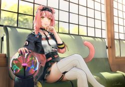 Rule 34 | 1girl, absurdres, animal ears, arknights, black hairband, black jacket, black skirt, blue bow, bow, braid, breasts, cat ears, cat girl, cat tail, crossed legs, feet up, floppy ears, garter straps, goldenglow (arknights), hair bow, hair ornament, hairband, hairclip, hand on own chin, highres, id card, indoors, jacket, lightning bolt print, long hair, looking at viewer, multicolored clothes, multicolored jacket, open clothes, open jacket, pink hair, pink jacket, plasma globe, print hairband, signature, sitting, skirt, small breasts, solo, tail, thighhighs, thighs, two-tone jacket, welt (kinsei koutenkyoku), white thighhighs, window, yellow eyes