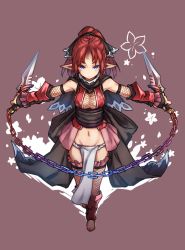 Rule 34 | 1girl, black bow, blue eyes, bow, breasts, brown background, chain, cleavage, closed mouth, dagger, fishnet thighhighs, fishnets, high ponytail, highres, holding, holding dagger, holding knife, holding weapon, kazana (sakuto), knife, loincloth, long hair, looking at viewer, medium breasts, navel, ninja, original, outstretched arms, parted bangs, pointy ears, ponytail, red eyes, solo, spread arms, standing, thighhighs, weapon