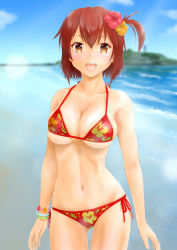 Rule 34 | 1girl, beach, bikini, blue sky, blurry, blurry background, bracelet, breasts, brown hair, cleavage, cloud, commentary request, contrapposto, day, etou kanami, floral print, flower, hair flower, hair ornament, highres, jewelry, medium breasts, mofumofu kitsune, mouth hold, one side up, open mouth, outdoors, red bikini, short hair, side-tie bikini bottom, sky, solo, swimsuit, toji no miko