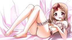 Rule 34 | 10s, 1girl, aoba kokona, barefoot, braid, braided bangs, bridal garter, brown hair, commentary request, full body, hair ornament, hair ribbon, hairclip, highres, legs, long hair, lying, on back, open mouth, red eyes, ribbon, senomoto hisashi, solo, toes, underwear, underwear only, yama no susume