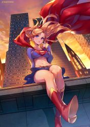 Rule 34 | 1girl, arm support, artist name, belt, blue eyes, blue skirt, blush, breasts, bright pupils, building, cape, cityscape, closed mouth, commentary request, cropped shirt, day, dc comics, feet out of frame, floating hair, from below, full body, highres, kotatsu (g-rough), legs, legs together, long hair, long sleeves, looking at viewer, medium breasts, midriff, navel, outdoors, pink lips, pleated skirt, red cape, sitting, skirt, sky, skyscraper, solo, sunset, supergirl, superhero costume, superman (series), yellow sky