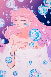 Rule 34 | 1girl, bare shoulders, belle (ryuu to sobakasu no hime), blush, bubble, constellation, dress, gradient background, hand up, highres, long hair, meyoco, off-shoulder dress, off shoulder, parted lips, pink hair, ryuu to sobakasu no hime, shadow, short sleeves, solo, upper body, white dress