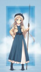Rule 34 | 1girl, absurdres, alternate costume, belt, blue background, blue eyes, blue hat, blush, boots, brown jacket, cloud, cloudy sky, dress, full body, grey hair, hat, highres, jacket, javelin (kancolle), javelin (spear), kantai collection, long hair, long skirt, looking at viewer, pilum, polearm, skirt, sky, smile, solo, standing, vorisar, weapon
