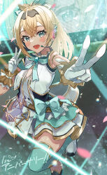 Rule 34 | 1girl, absurdres, blonde hair, blush, breasts, dress, frilled dress, frills, gloves, green theme, hair between eyes, haru yu, highres, hololive, hololive idol uniform, idol clothes, kazama iroha, long hair, looking at viewer, official alternate costume, ponytail, sleeveless, small breasts, smile, solo, thighhighs, virtual youtuber, white dress, white gloves