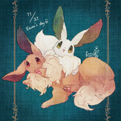 Rule 34 | alternate color, animal focus, artist name, bad id, bad pixiv id, blue background, brown eyes, creatures (company), dated, eevee, english text, full body, game freak, gen 1 pokemon, happy, heart, nintendo, no humans, open mouth, pawpads, pokemon, pokemon (creature), riri (riri nasinasi), shiny and normal, shiny pokemon, signature, simple background, smile, yellow eyes