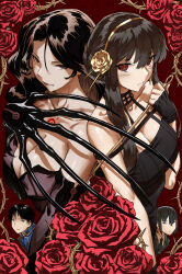 Rule 34 | 2boys, 2girls, bare shoulders, black dress, black hair, blush, breasts, chest tattoo, cleavage, dagger, dress, earrings, elbow gloves, flower, fullmetal alchemist, gloves, gold earrings, gold hairband, hair flower, hair ornament, hairband, haraya manawari, highres, holding, holding dagger, holding knife, holding weapon, homunculus, jewelry, knife, large breasts, lipstick, long hair, looking at viewer, lust (fma), makeup, multiple boys, multiple girls, ouroboros, purple eyes, red eyes, roy mustang, sidelocks, spy x family, stiletto (weapon), tattoo, two-sided dress, two-sided fabric, wavy hair, weapon, yor briar, yuri briar